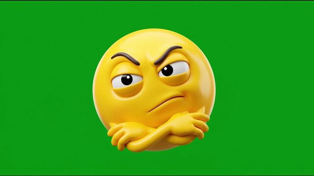 3D Skeptical Emoji Character Looking Around with Folded Arms on Green Screen Background.