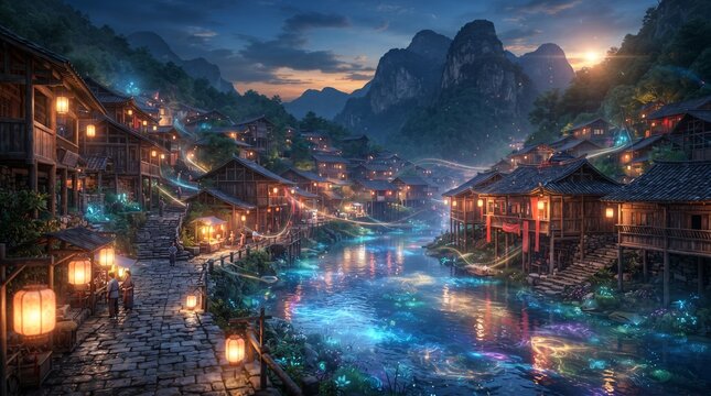 Scenic ancient mountain village along a glowing river at dusk, suitable for travel websites, cultural blogs, video game backgrounds, and fantasy artwork.