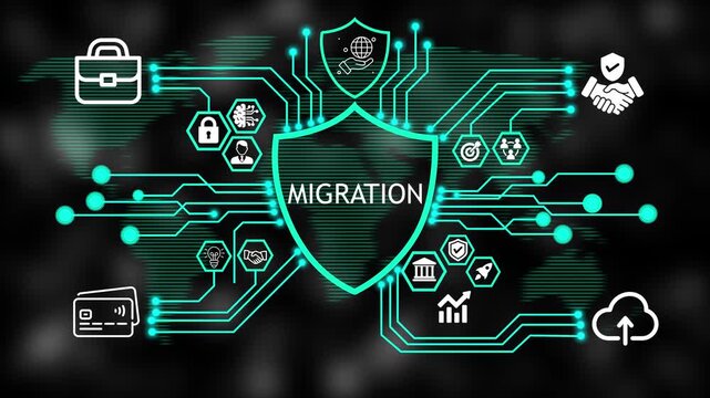  Cyber Security migration Shield HUD Animation with Connected Business and Technology Icons Abstract Background