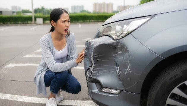 Worried female driver kneeling beside a car to inspect a severely dented front bumper.