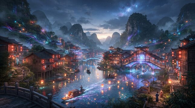 Ancient Asian water town at night with illuminated red lanterns and boats
