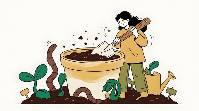 Woman Gardening Digging Soil in Flower Pot with Shovel near Earthworms and Seedlings