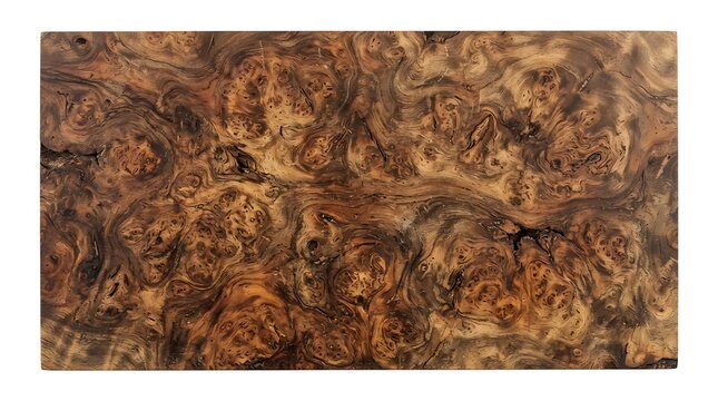 Detailed Top View of a Natural Polished Walnut Burl Wood Surface Featuring Intricate Grain Patterns for Luxury Furniture Design