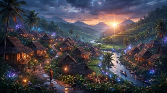 Scenic tropical village at sunset with glowing wooden houses and a river