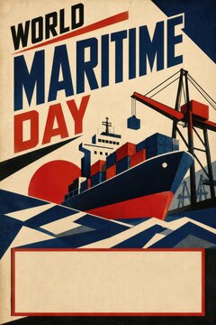 Vintage World Maritime Day poster with cargo ship and port cranes celebrating global shipping industry