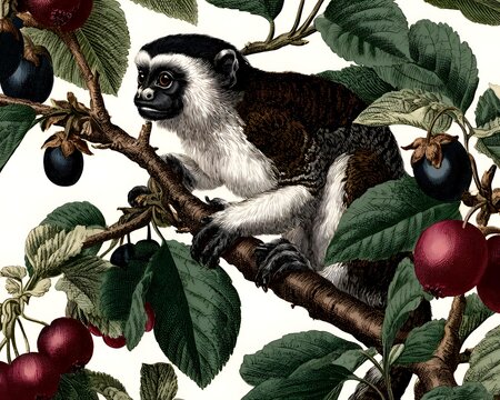 Vintage illustration of a white-crested tamarin monkey perched on a fruit-laden tree branch