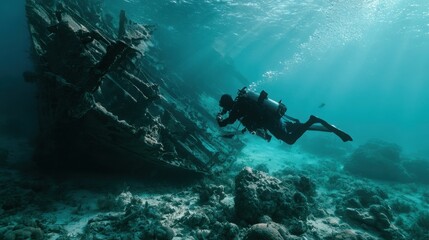 Obraz premium Underwater diver explores an old wooden shipwreck while sunlight beams down through the clear ocean water.