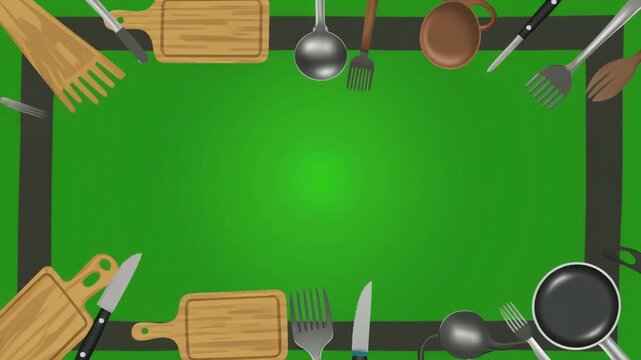 Cartoon kitchen utensils border background, animated kitchenware on green chroma key screen, cooking and culinary concept template with copy space