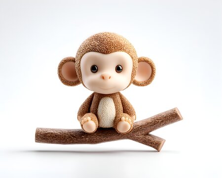 Cute cartoon monkey sitting on a tree branch, isolated on white background