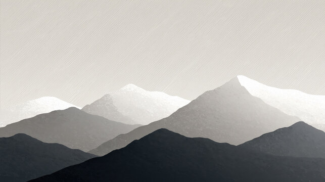 minimalist monochrome mountain range vector illustration with hatch pattern