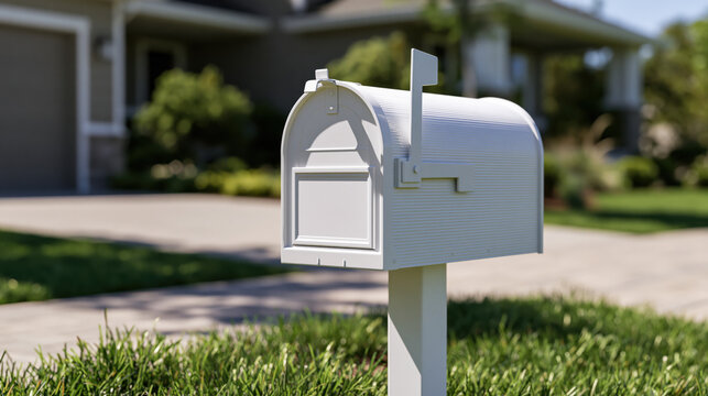 white rural mailbox outside modern suburban home