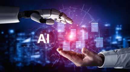 Futuristic software development concept featuring AI pair programmer, automated AI code generation,...