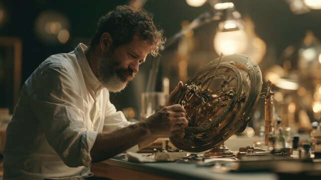 Inventor examines a complex brass astrolabe on his workbench in a brightly illuminated study.
