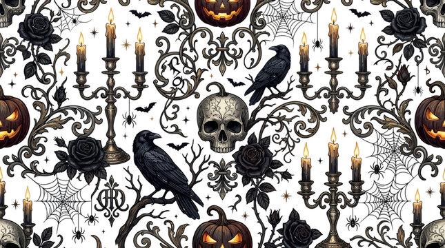 Spooky Halloween Pattern with Crows and Skulls
