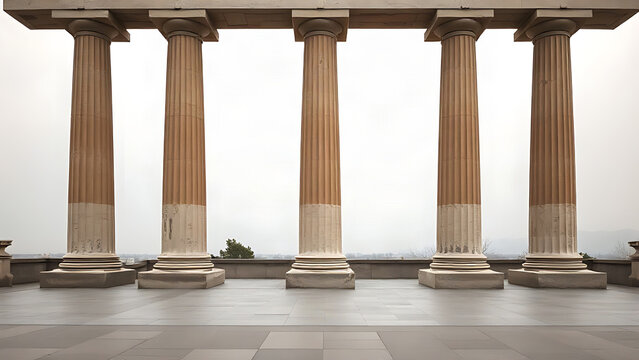 Row of weathered limestone columns with entablature in empty plaza, classical architecture symbolizing trust and stability