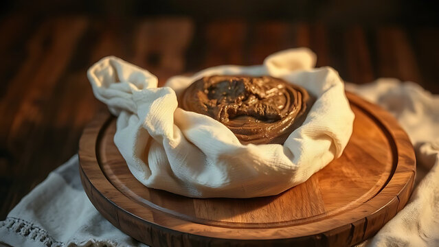 Gauze-wrapped warm mud poultice on wooden tray with soft fabric.