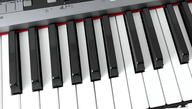 Close-up view of keyboard keys, black and white, red felt underneath