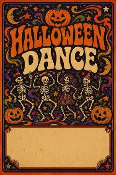 Halloween dance party poster with skeletons and jackolanterns celebrating spooky season