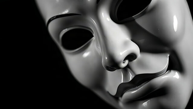 A classical theater mask with a subtly upturned mouth, conveying irony under dramatic lighting.