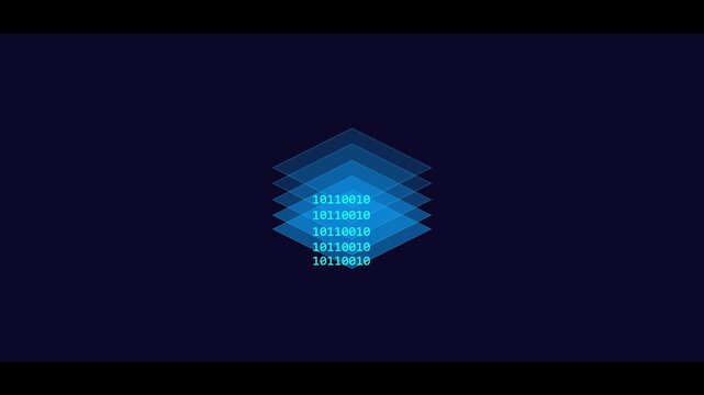 Isometric Binary Code Stack with Glowing Blue Data Layers on Dark Background