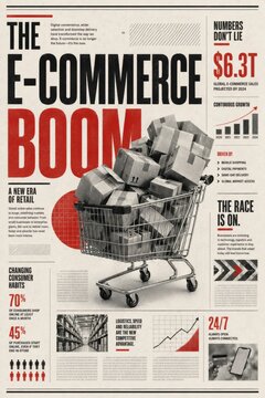 Shopping cart overflowing with packages symbolizing ecommerce growth and online retail success