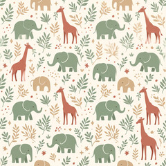 Obraz premium Cute Nursery Elephants Giraffes Leaves Cream Seamless Pattern Generative AI Background