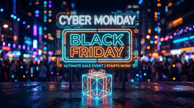 Neon cyber monday and black friday sale sign with gift box