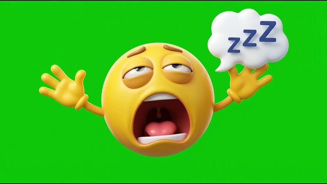 3D Tired Yawning Yellow Emoji Animation with Sleep Bubble on Green Screen Background.