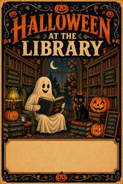 Halloween library scene with ghost reading book among pumpkins and spooky decorations