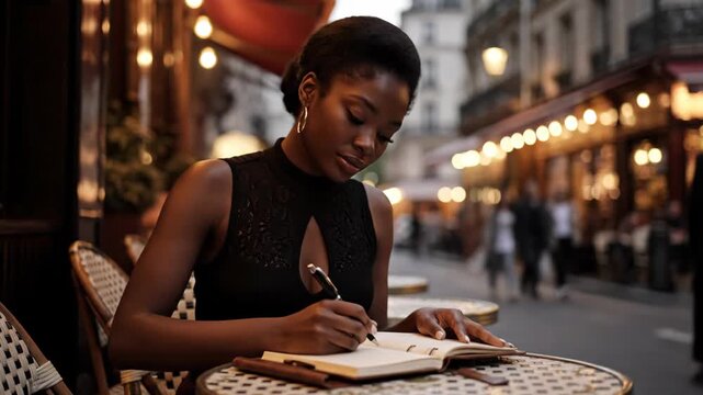 Young Black woman at an outdoor cafe in Paris holding a pen and notebook while looking thoughtfully into the distance with blurred city lights in the background and a relaxed yet focused mood