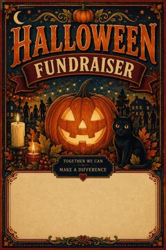 Halloween fundraiser flyer with jackolantern and spooky autumn decorations
