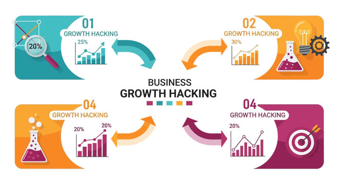 Business growth hacking strategy with lightbulb and rocket icons.