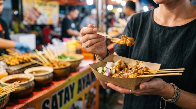 Female Traveler at Local Market concept. Person eating satay at a vibrant street food market stall.