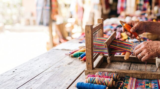 Female Traveler at Local Market concept. Traditional hand weaving on a wooden loom with colorful threads in natural light