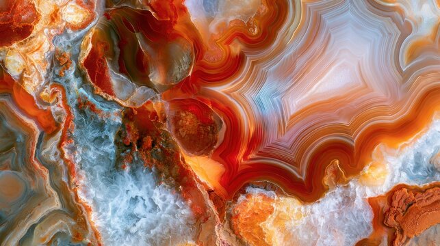 Polished agate stone displays intricate concentric bands and vibrant red and orange mineral patterns.