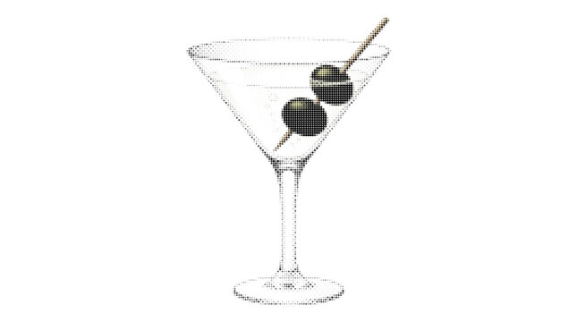 Classic martini cocktail vector illustration, elegant glass with black olives on toothpick, sophisticated alcoholic beverage for bar menus