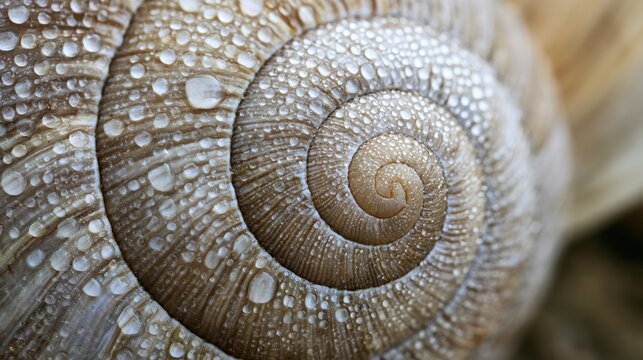 Spiral pattern of a snail shell is covered in tiny water droplets during a close up view.