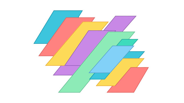 Overlapping diagonal colorful pastel parallelogram shapes.