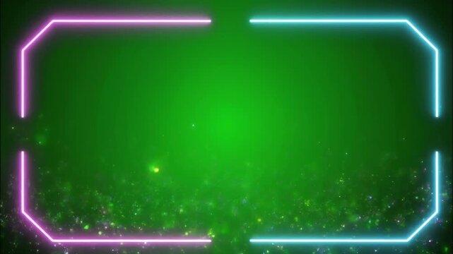 Neon border frame on green screen background, glowing pink and blue futuristic lines, rising digital particles, abstract gaming background