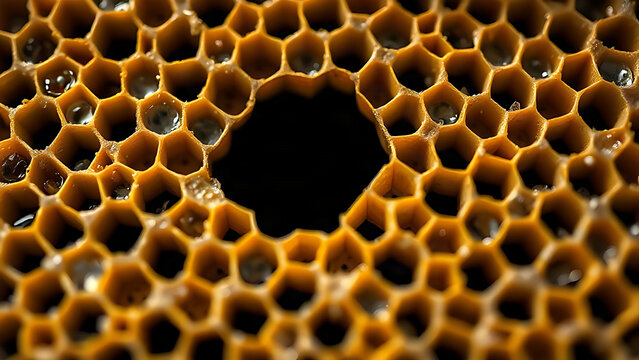 A single black honeycomb cell among golden ones, symbolic contrast.