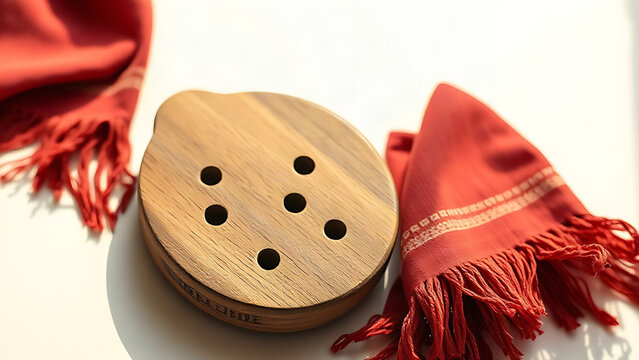 Wooden castanets and folded red fringed shawl on studio surface, Spanish dance and textile concept.