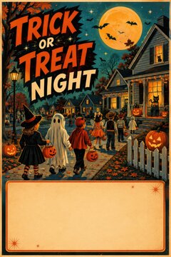 Vintage Halloween trickortreat scene with children in costumes under a full moon