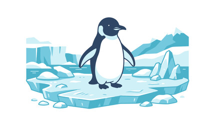 Obraz premium A cute cartoon penguin standing on a floating piece of ice.
