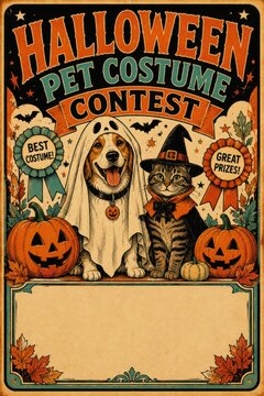 Halloween pet costume contest poster with dog and cat in festive outfits