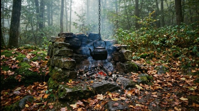 A black kettle hangs over a small campfire in a misty forest surrounded by fallen leaves and dense greenery.