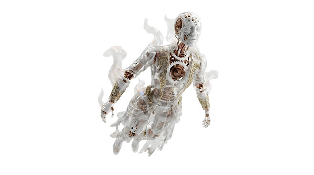 Scary skeletal ghost figure floating on black background.