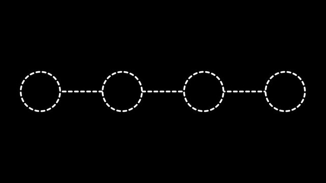 Process infographic animated white dashed line connecting four circles sequentially 4k dark black background