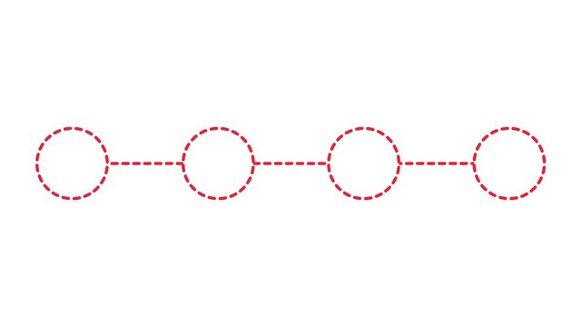 Process infographic animated red dashed line connecting four circles sequentially 4k isolated white background