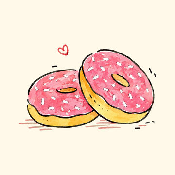 Cute Pink Glazed Donuts Hand Drawn Doodle Illustration with Sprinkles