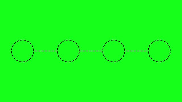Process infographic animated black dashed line connecting four circles sequentially 4k chroma key green screen background